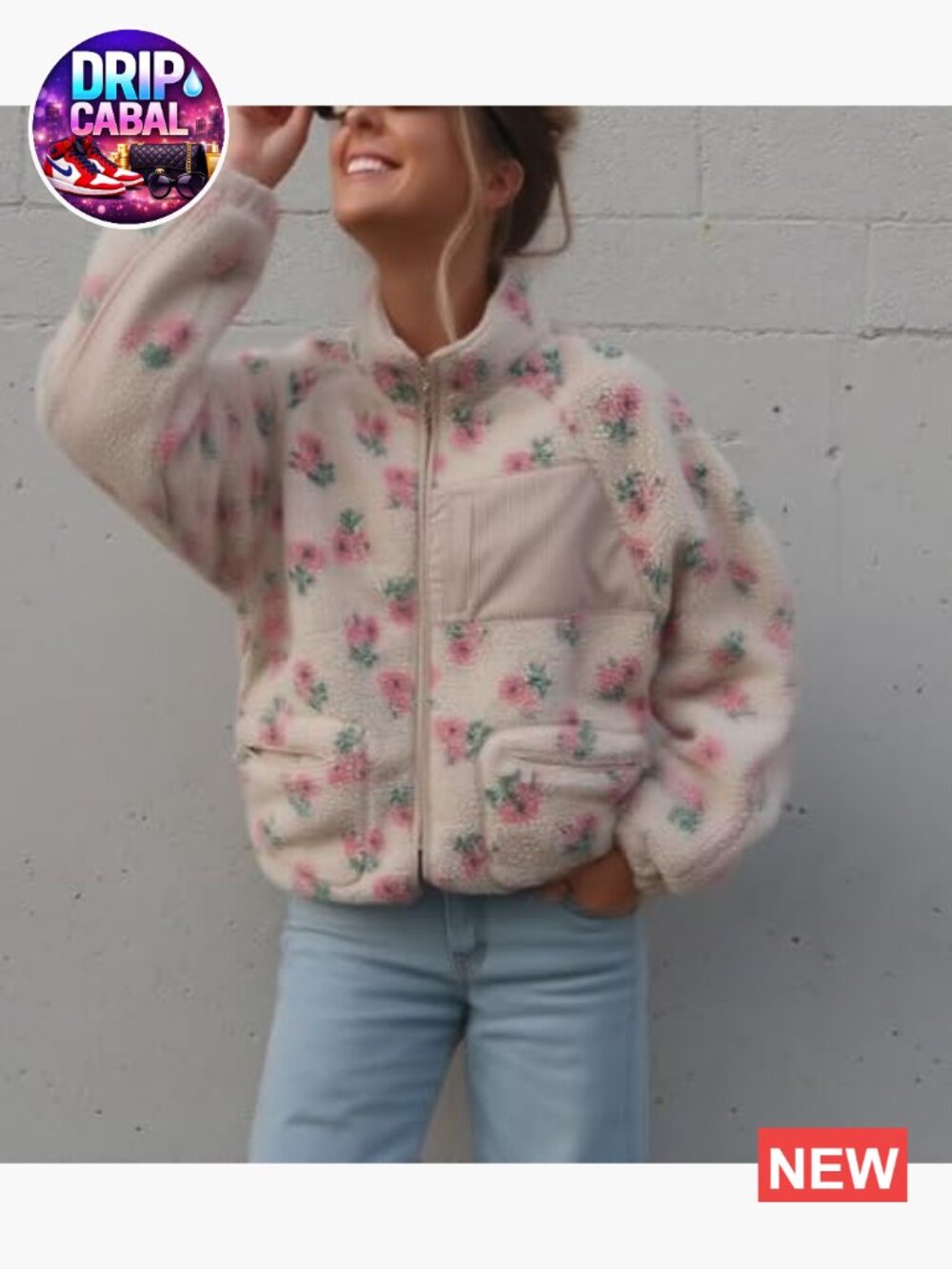 Women's Winter Casual Spliced Floral Fleece Jacket Fuzzy Oversized Faux Fur - Picture 4 of 7